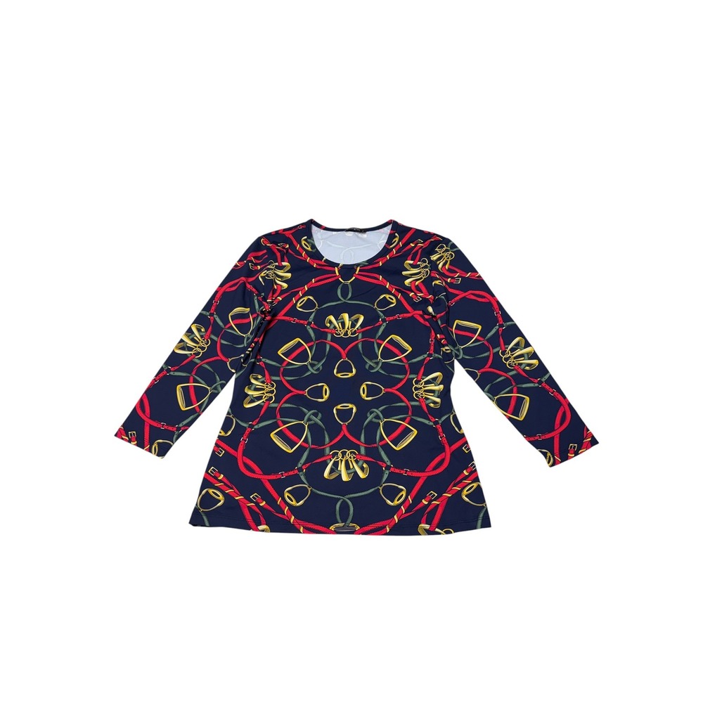 J.McLaughlin Navy‎ Equestrian Belt Print 3/4 Sleeve Top Womens Small Stretch